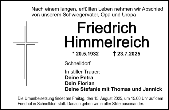 Traueranzeige von Friedrich Himmelreich von Dinkelsbühl/ Feuchtwangen