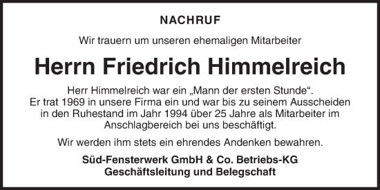 Traueranzeige von Friedrich Himmelreich von Dinkelsbühl/ Feuchtwangen