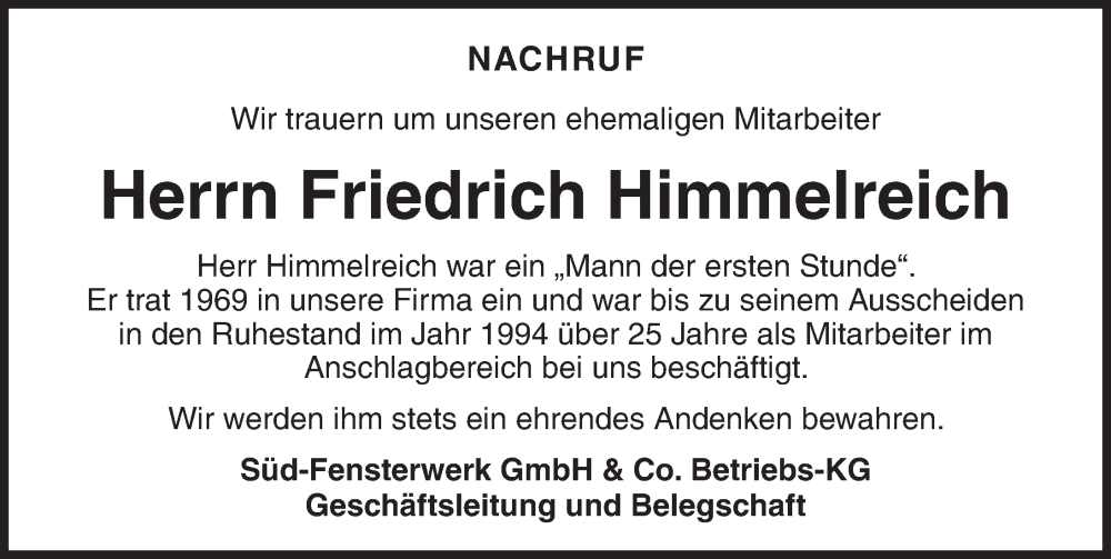  Traueranzeige für Friedrich Himmelreich vom 13.08.2025 aus Dinkelsbühl/ Feuchtwangen