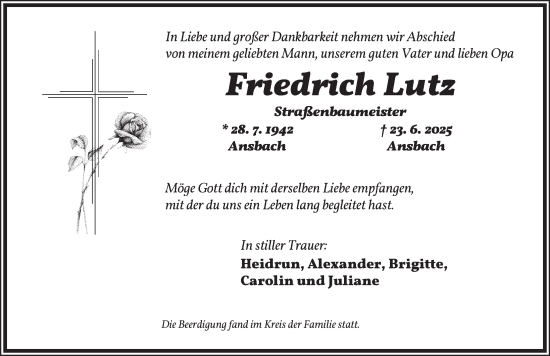 Traueranzeige von Friedrich Lutz von Ansbach