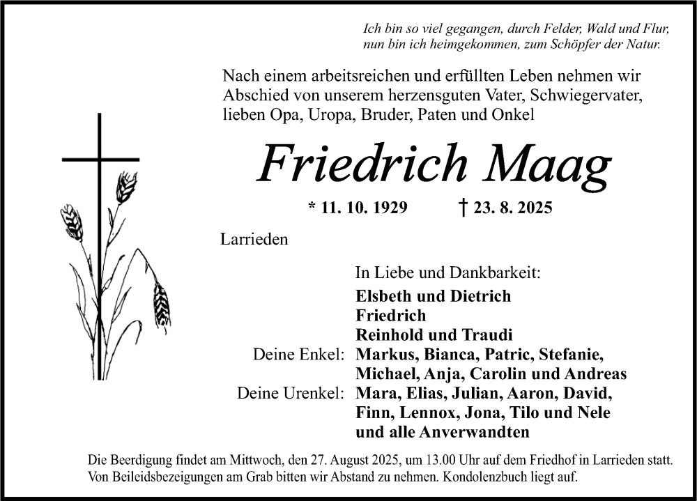  Traueranzeige für Friedrich Maag vom 26.08.2025 aus Dinkelsbühl/ Feuchtwangen