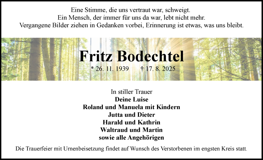  Traueranzeige für Fritz Bodechtel vom 23.08.2025 aus Ansbach