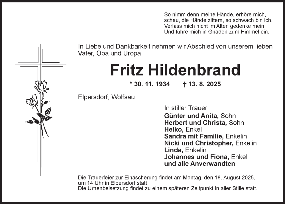  Traueranzeige für Fritz Hildenbrand vom 16.08.2025 aus Ansbach