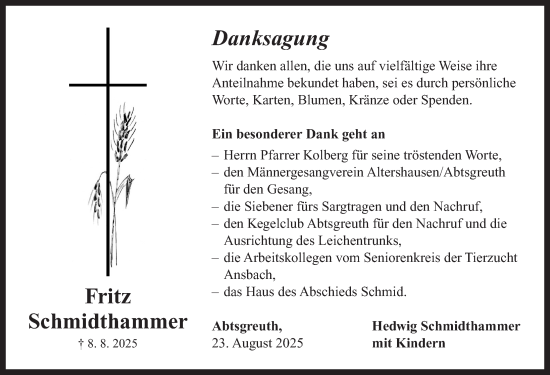 Traueranzeige von Fritz Schmidthammer von Neustadt/ Scheinfeld/ Uffenheim