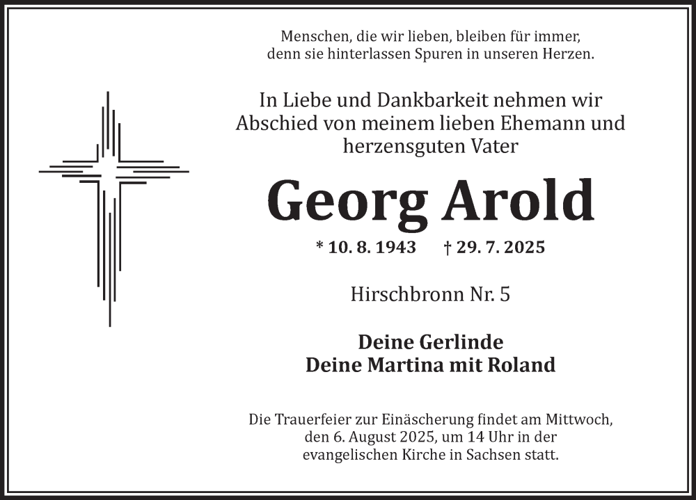  Traueranzeige für Georg Arold vom 02.08.2025 aus Ansbach