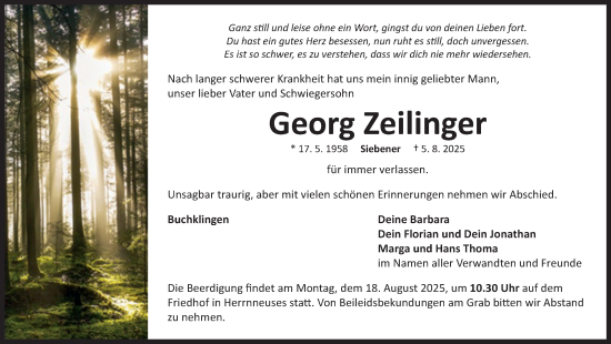 Traueranzeige von Georg Zeilinger von Neustadt/ Scheinfeld/ Uffenheim