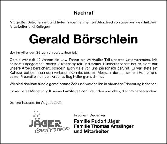 Traueranzeige von Gerald Börschlein von Ansbach