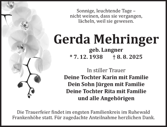 Traueranzeige von Gerda Mehringer von Ansbach