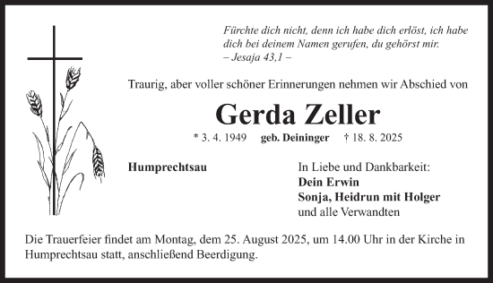 Traueranzeige von Gerda Zeller von Neustadt/ Scheinfeld/ Uffenheim