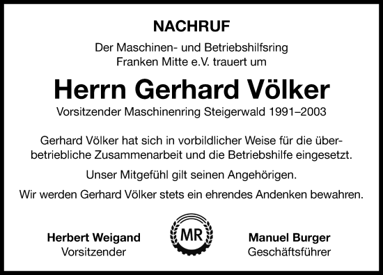 Traueranzeige von Gerhard Völker von Neustadt/ Scheinfeld/ Uffenheim