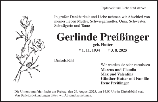 Traueranzeige von Gerlinde Preißinger von Dinkelsbühl/ Feuchtwangen