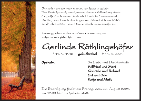 Traueranzeige von Gerlinde Röthlingshöfer von Neustadt/ Scheinfeld/ Uffenheim