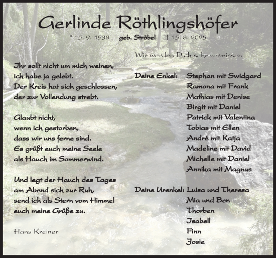 Traueranzeige von Gerlinde Röthlingshöfer von Neustadt/ Scheinfeld/ Uffenheim