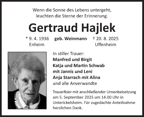Traueranzeige von Gertraud Hajlek von Neustadt/ Scheinfeld/ Uffenheim