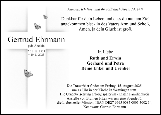 Traueranzeige von Gertrud Ehrmann von Rothenburg