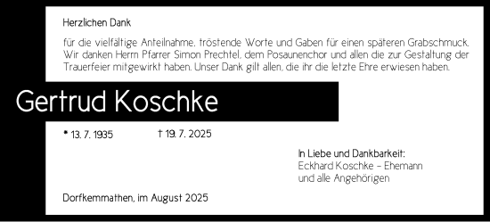 Traueranzeige von Gertrud Koschke von Dinkelsbühl/ Feuchtwangen