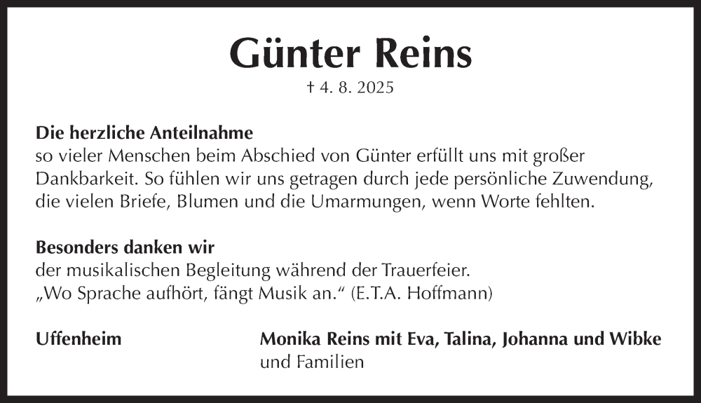  Traueranzeige für Günter Reins vom 30.08.2025 aus GE