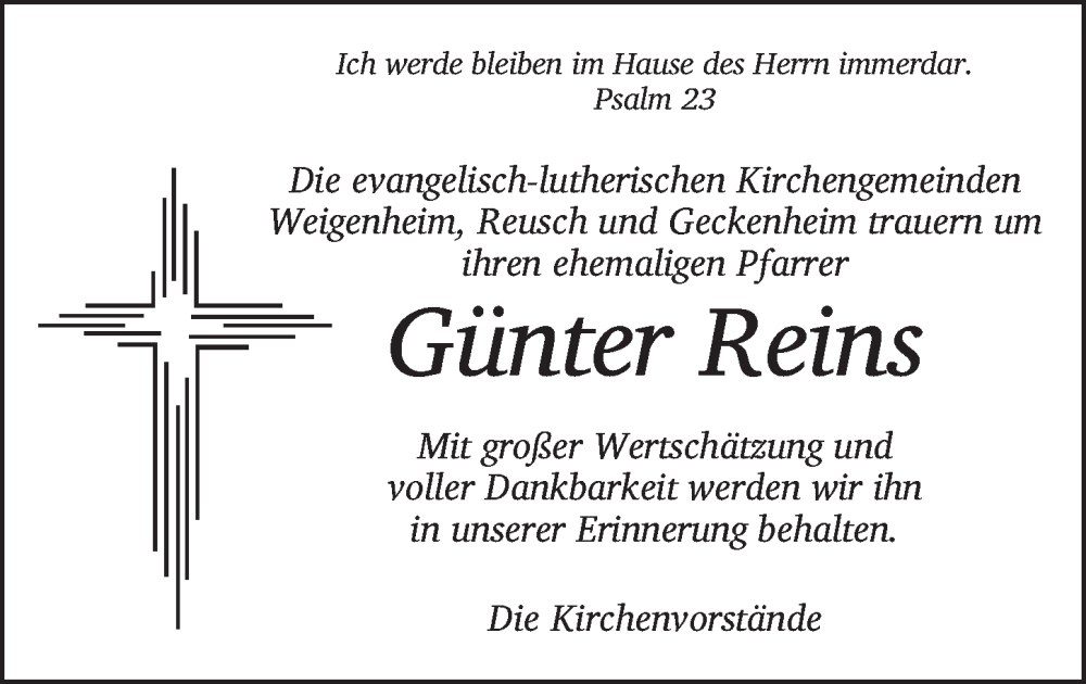  Traueranzeige für Günter Reins vom 13.08.2025 aus Neustadt/ Scheinfeld/ Uffenheim