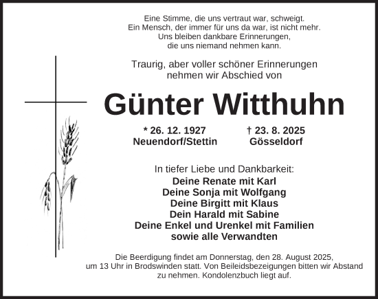 Traueranzeige von Günter Witthuhn von Ansbach