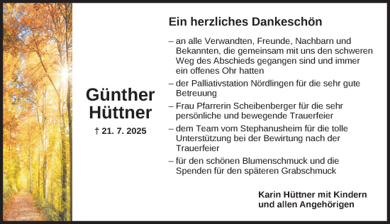 Traueranzeige von Günther Hüttner von Dinkelsbühl/ Feuchtwangen