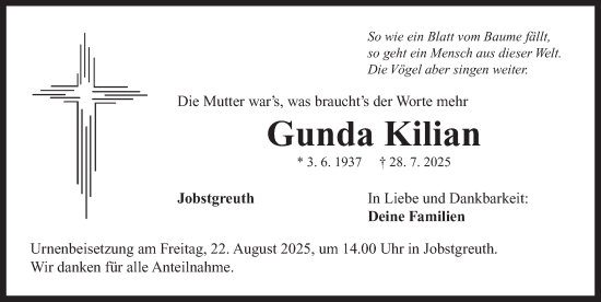 Traueranzeige von Gunda Kilian von Neustadt/ Scheinfeld/ Uffenheim