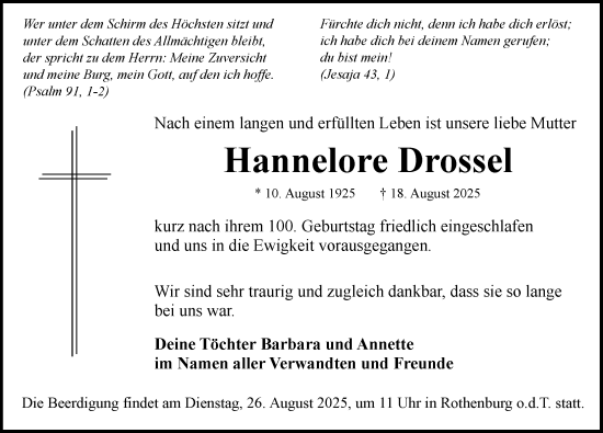 Traueranzeige von Hannelore Drossel von Rothenburg