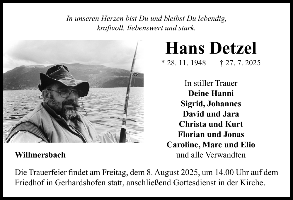  Traueranzeige für Hans Detzel vom 02.08.2025 aus Neustadt/ Scheinfeld/ Uffenheim