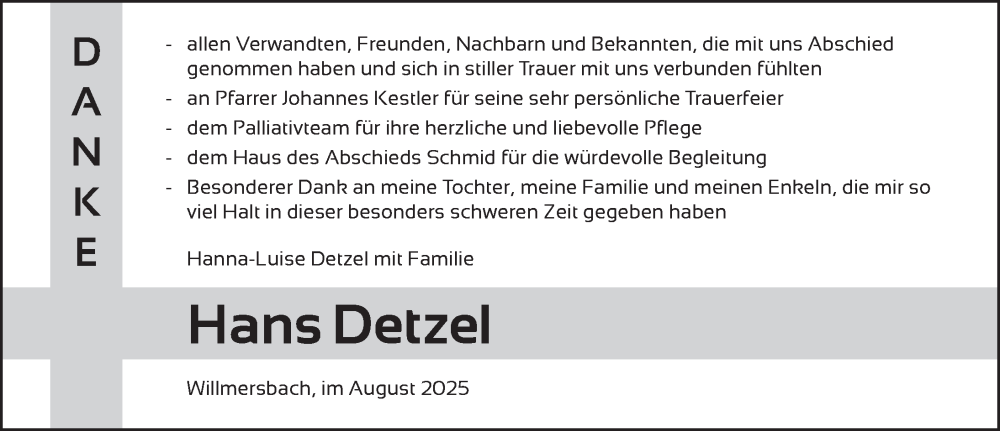  Traueranzeige für Hans Detzel vom 23.08.2025 aus Neustadt/ Scheinfeld/ Uffenheim