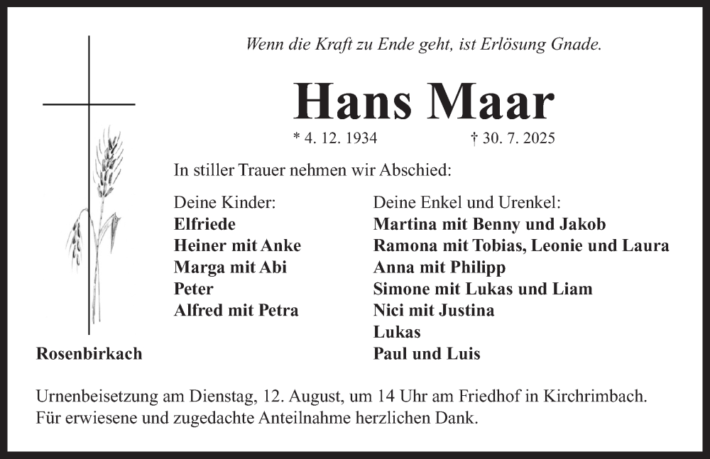  Traueranzeige für Hans Maar vom 09.08.2025 aus Neustadt/ Scheinfeld/ Uffenheim
