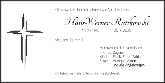 Traueranzeige von Hans Werner Ruttkowski von Ansbach