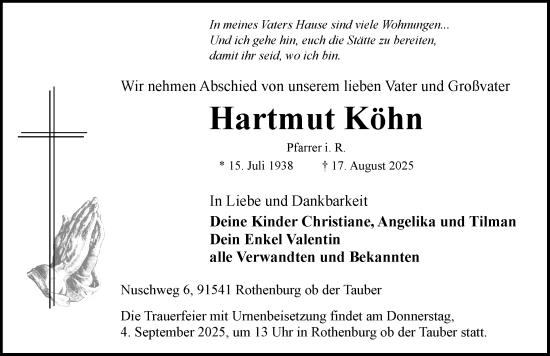 Traueranzeige von Hartmut Köhn von Rothenburg