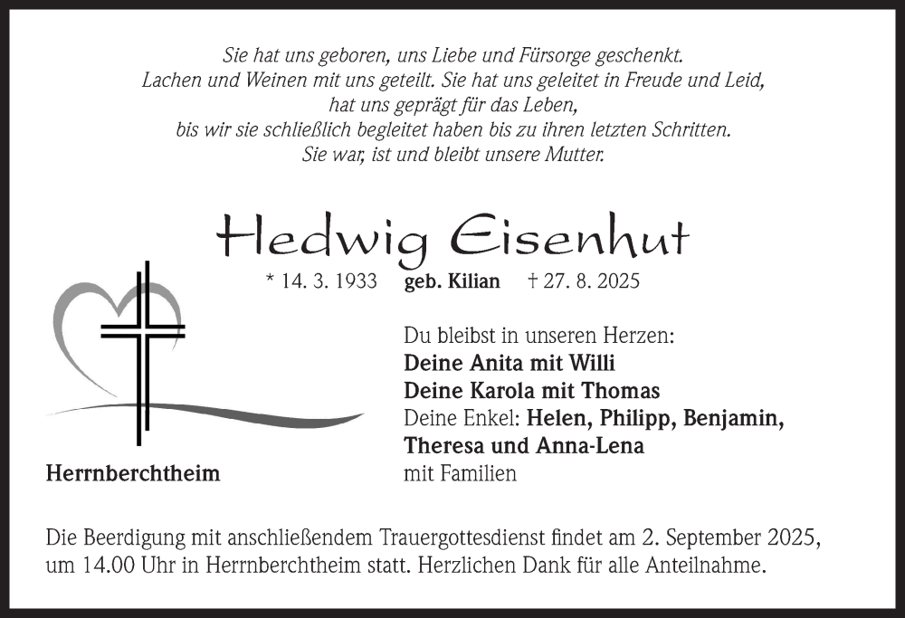  Traueranzeige für Hedwig Eisenhut vom 30.08.2025 aus Neustadt/ Scheinfeld/ Uffenheim