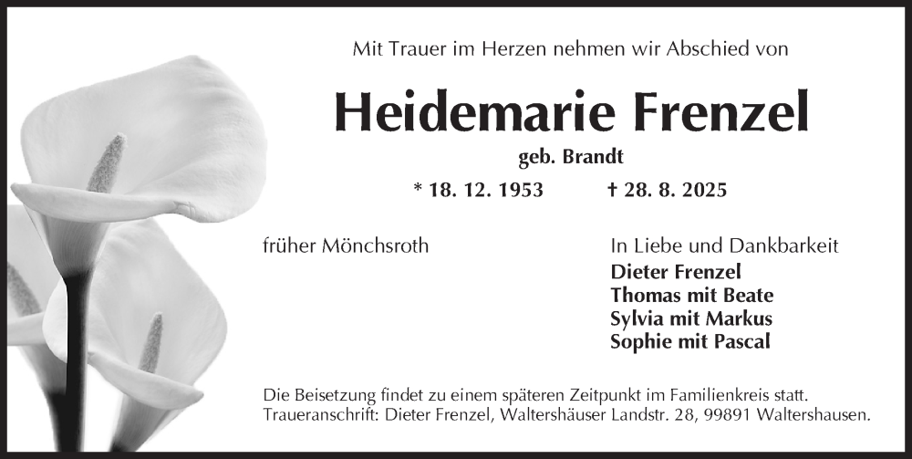  Traueranzeige für Heidemarie Frenzel vom 30.08.2025 aus Dinkelsbühl/ Feuchtwangen