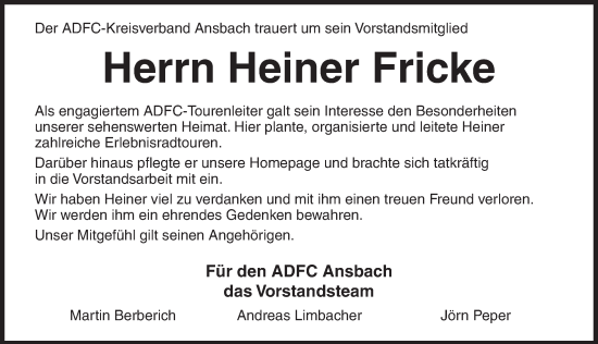 Traueranzeige von Heiner Fricke von Ansbach