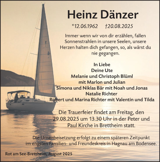 Traueranzeige von Heinz Dänzer von Rothenburg