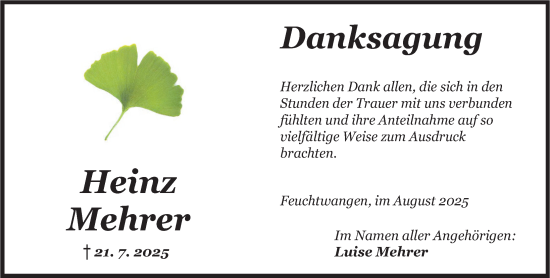 Traueranzeige von Heinz Mehrer von Dinkelsbühl/ Feuchtwangen