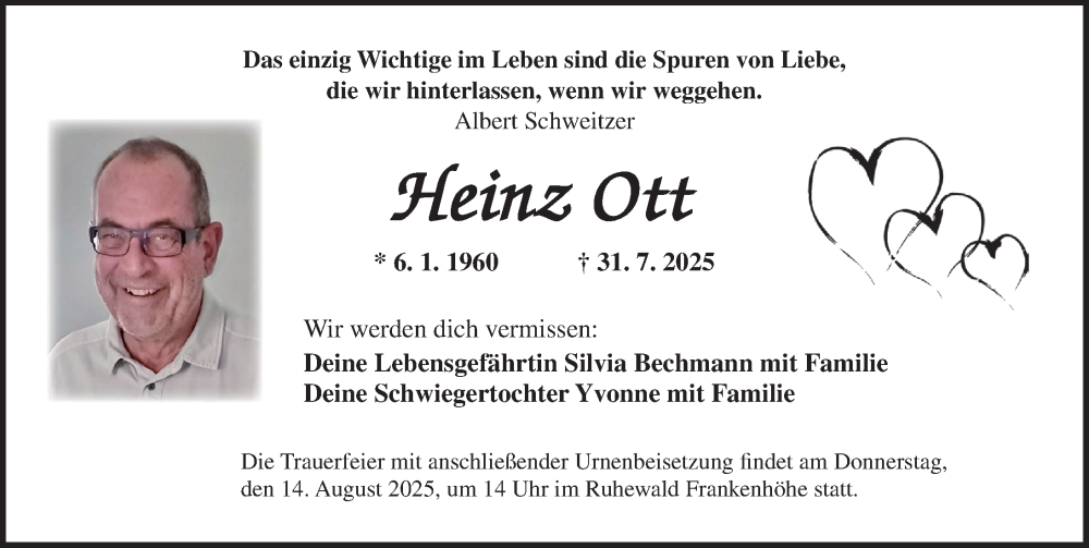  Traueranzeige für Heinz Ott vom 09.08.2025 aus Ansbach
