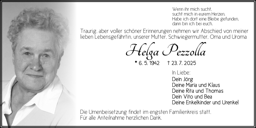  Traueranzeige für Helga Pezzolla vom 02.08.2025 aus Neustadt/ Scheinfeld/ Uffenheim