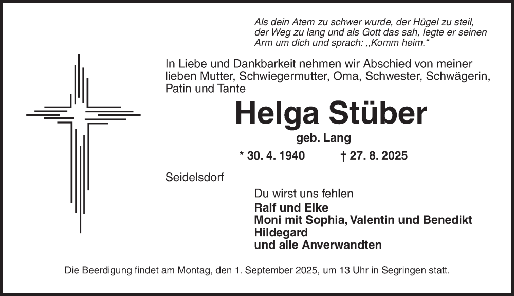  Traueranzeige für Helga Stüber vom 30.08.2025 aus Dinkelsbühl/ Feuchtwangen