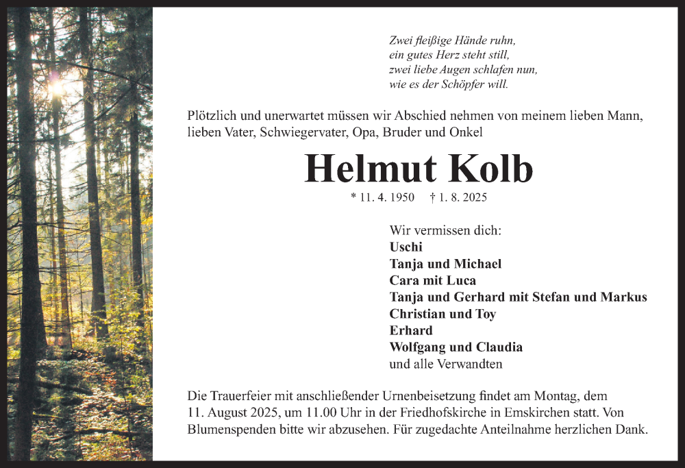  Traueranzeige für Helmut Kolb vom 06.08.2025 aus Neustadt/ Scheinfeld/ Uffenheim
