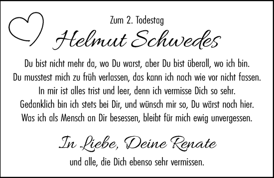 Traueranzeige von Helmut Schwedes von Rothenburg