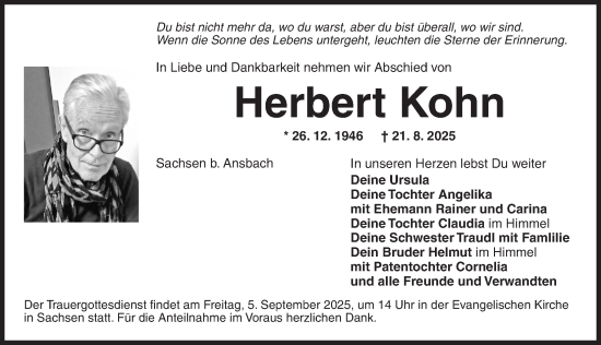 Traueranzeige von Herbert Kohn von Ansbach