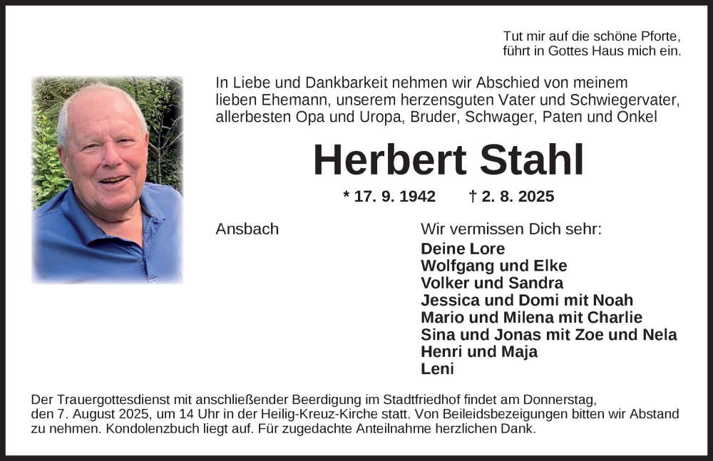  Traueranzeige für Herbert Stahl vom 05.08.2025 aus Ansbach