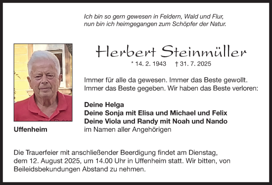 Traueranzeige von Herbert Steinmüller von Neustadt/ Scheinfeld/ Uffenheim