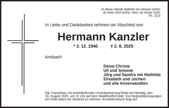 Traueranzeige von Hermann Kanzler von Ansbach