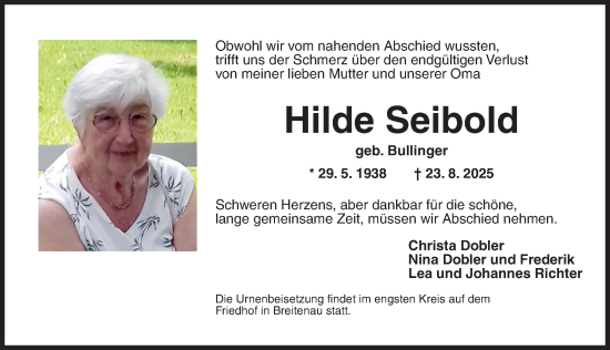 Traueranzeige von Hilde Seibold von Dinkelsbühl/ Feuchtwangen