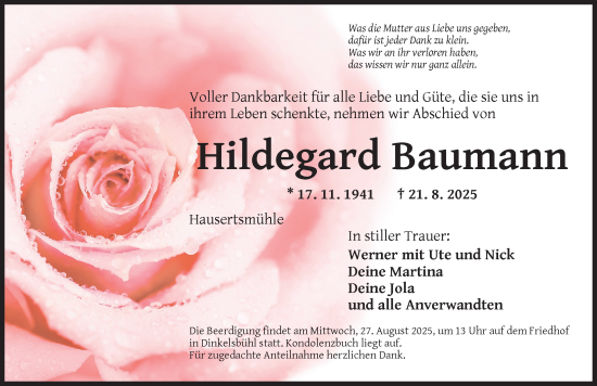 Traueranzeige von Hildegard Baumann von Dinkelsbühl/ Feuchtwangen