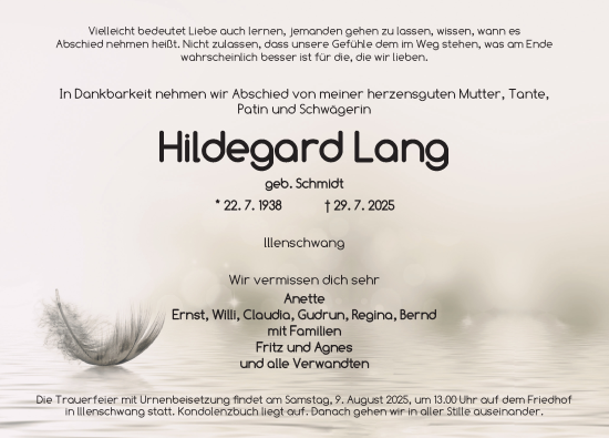 Traueranzeige von Hildegard Lang von Dinkelsbühl/ Feuchtwangen