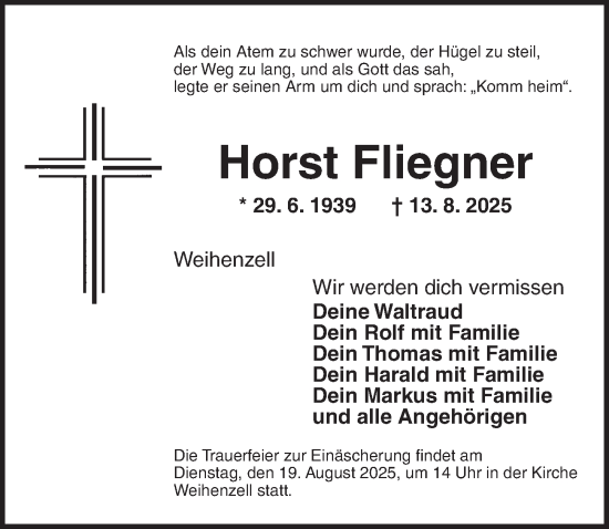 Traueranzeige von Horst Fliegner von Ansbach