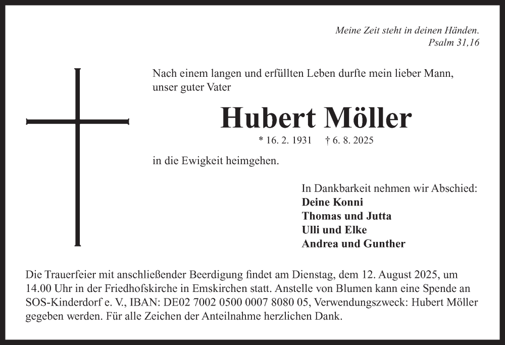  Traueranzeige für Hubert Möller vom 09.08.2025 aus Neustadt/ Scheinfeld/ Uffenheim
